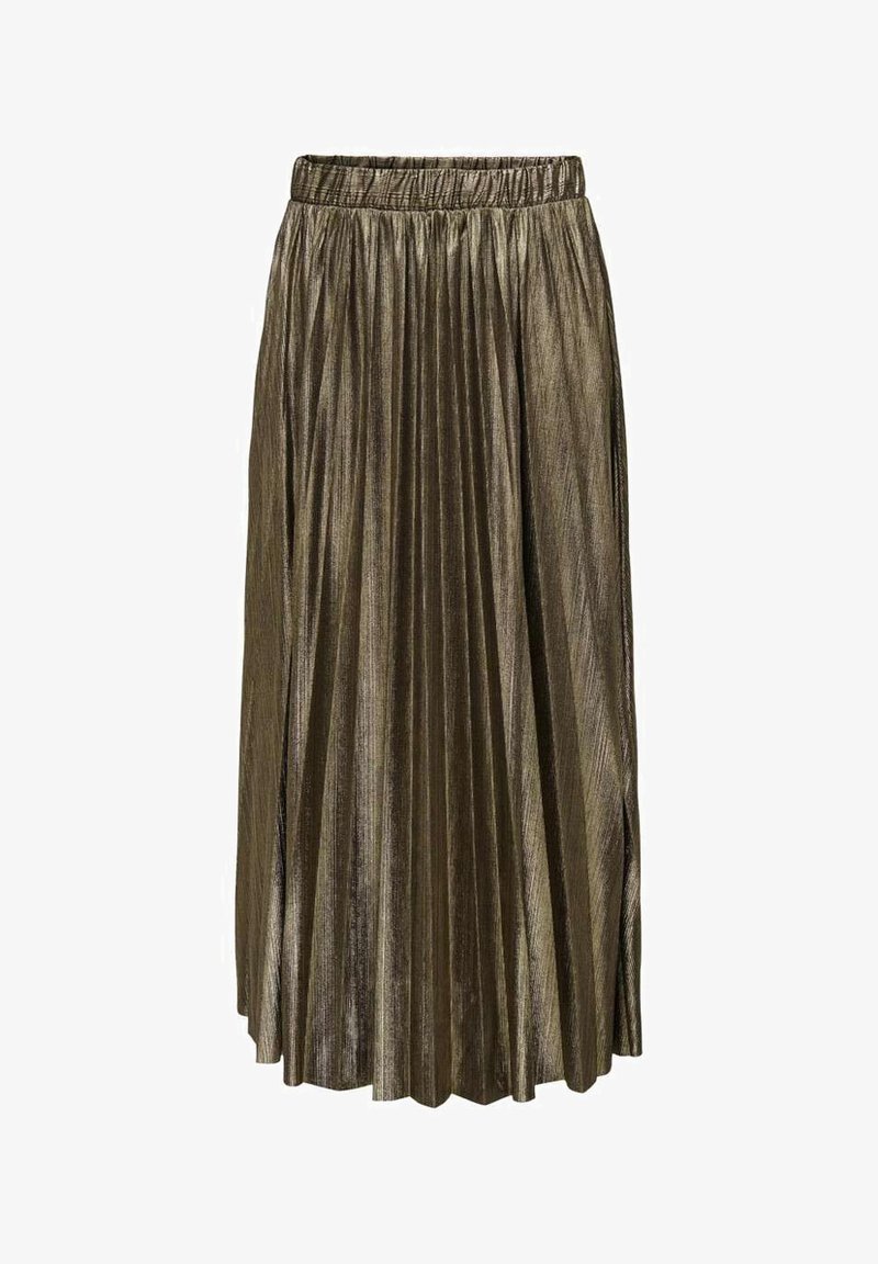 Jupe midi plissée en tissu métallique bronze. Dotée d'une taille élastique et d'une forme A-line fluide avec des lignes de texture verticales.