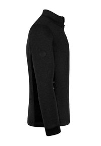 Schwarze Zip-Jacke mit langen Ärmeln, strukturiertem Stoff, hohem Kragen und kontrastierenden Seitenelementen. Mit einem Logopatch am Oberarm.