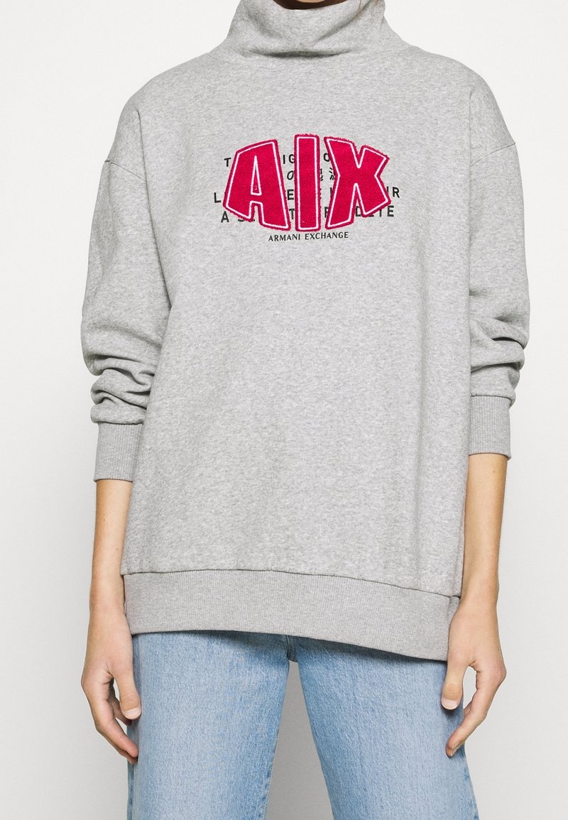 Felpa grigia con collo alto, caratterizzata da un audace logo "AIX" in rosa e testo nero. Vestibilità oversize con polsini e orlo a costine. Abbinata a jeans azzurri.
