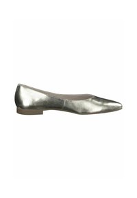 Chaussure plate argentée métallique avec un bout pointu, texture en cuir lisse, profil bas et design minimaliste. Semelle en caoutchouc plate pour plus de confort.