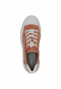 Rust-colored sneaker with white rubber toe, white laces, side zipper, and thick white sole viewed from above.