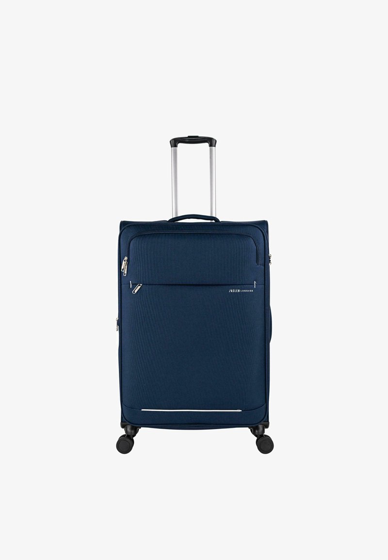 Maleta azul marino con superficie texturizada, detalles de cremallera plateada, asa retráctil y cuatro ruedas giratorias para facilitar la movilidad.