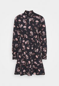 Floral print dress with a black base, featuring long sleeves, a high collar, a cinched waist, and a ruffled hem.