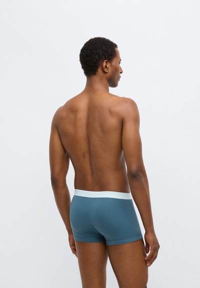 Vyrų bokseriai žalsvai mėlynos spalvos su balta elastinga juosta. Lygus audinys su prigludusia forma, matomas iš galo.