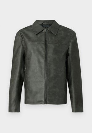 Dark green leather jacket with a collared neckline, full zipper closure, and side pockets. Smooth texture with minimal hardware details.