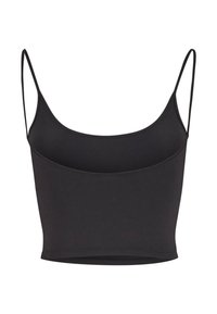 Zwart gecropt tanktop van gladde stof, met dunne verstelbare bandjes en een ronde halslijn. Geen zichtbare logo's of patronen.