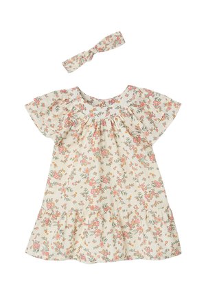 Cream-colored short-sleeve baby dress with small pink and orange floral print, paired with matching floral fabric headband.
