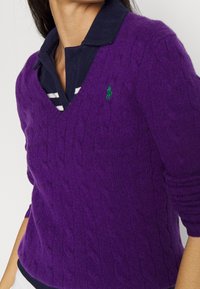 Pull en laine violet vif avec un col en V et un motif en faisceau, doté d'un petit logo vert sur la poitrine et de poignets côtelés.