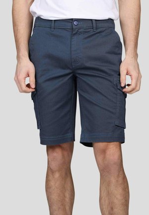 Shorts cargo navy en tissu tissé, avec deux poches latérales et une coupe droite. Fermeture à bouton avec des coutures contrastées.