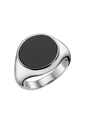 Silver signet ring featuring a large black stone gemstone. The design is smooth with a polished finish and rounded edges.