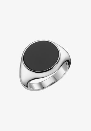 Silber-Siegelring mit einem großen schwarzen Edelstein. Das Design ist glatt mit einer polierten Oberfläche und abgerundeten Kanten.