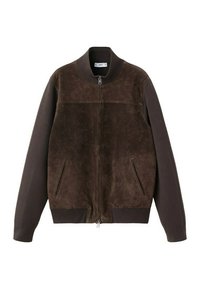 Veste bomber en daim marron avec col, poignets et ourlet côtelés, fermeture éclair avant et deux poches latérales inclinées.