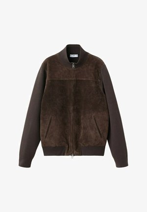 Brown suede bomber jacket with ribbed collar, cuffs, and hem, front zipper closure, and two slanted side pockets.