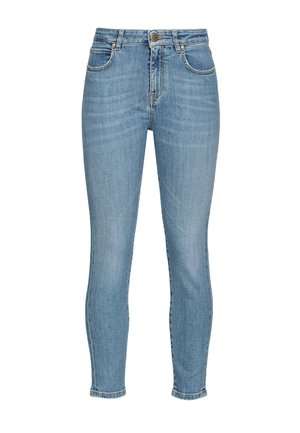 Lyseblå højhalsede skinny jeans med forlommer, knap, lynlåslukning og synlige sømme over det hele.
