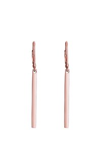 Pendientes de aro en oro rosa que presentan barras rectangulares alargadas. El diseño es elegante, con una textura suave y cierres de gancho seguros.