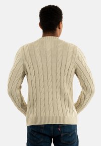 Uomo che indossa un maglione a trecce color crema e jeans blu scuro, visto da dietro su uno sfondo bianco semplice.