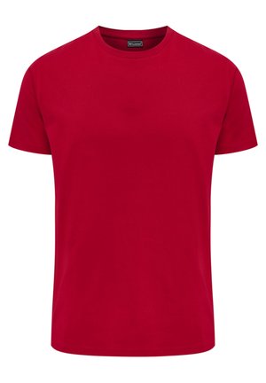 Red short-sleeve t-shirt made of cotton, featuring a round neckline and a smooth, solid texture with no visible patterns or accents.