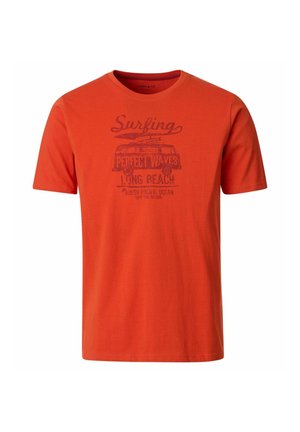 Pomarańczowy t-shirt z krótkim rękawem z wyblakłą grafiką vana i desek surfingowych oraz tekstem "Surfing Perfect Waves Long Beach South Pacific Ocean."