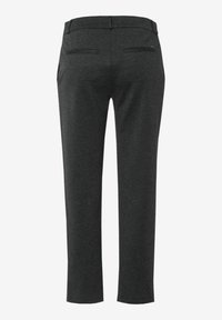 Tummanharmaat housut, joissa on muotoiltu istuvuus, sileä pinta, kaksi takataskua ja siisti, moderni vyötärönauhan muotoilu.