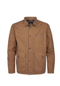 Brown canvas jacket with buttoned front, a point collar, two front pockets, and a chest pocket. Features subtle stitching and metal buttons.