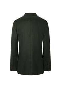 Grön ullblazer med en enkel vent, snedskurna kollar och tre bruna knappdetaljer på varje ärm. Slät textur och skräddarsydd passform.