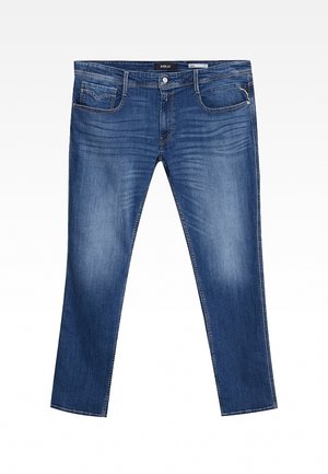 Niebieskie dżinsy z denimu z wyblakłymi detalami, zapięciem na guzik i zamek błyskawiczny, kieszeniami z przodu i tyłu oraz szlufkami na pasek.