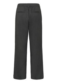 Pantaloni dritti grigio scuro con passanti per cintura e due tasche a filetto posteriori, mostrati da dietro.