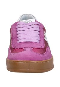 Pink sneaker featuring a suede upper with mesh accents, thick laces, and a gum rubber sole. The design includes textured detailing and a padded collar.