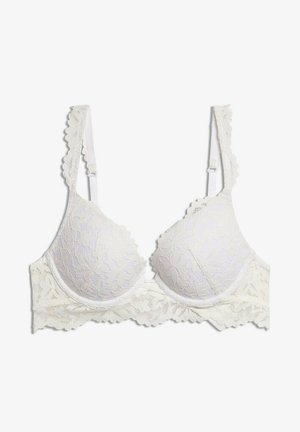 White lace bra with adjustable straps, floral pattern, and scalloped edges along cups and band.