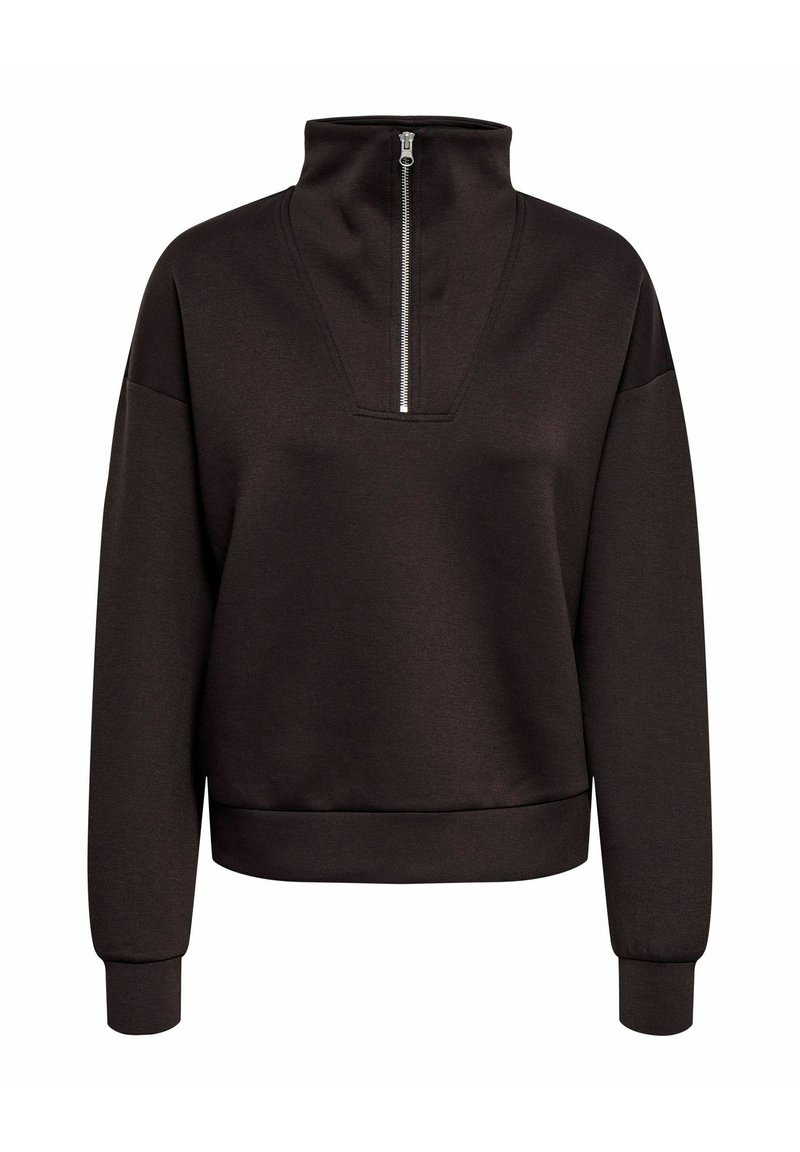 Rjava jopa iz mehkega blaga, z visokim ovratnikom in polovično zadrgo, spuščenimi rameni ter rebrastimi manšetami in robom.