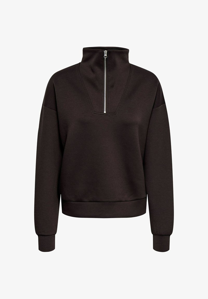 Rjava jopa iz mehkega blaga, z visokim ovratnikom in polovično zadrgo, spuščenimi rameni ter rebrastimi manšetami in robom.