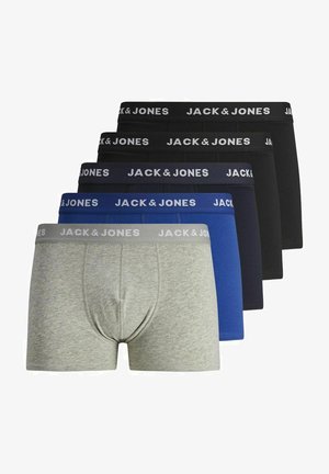 Pięć par bokserek w kolorach szarym, niebieskim i czarnym z elastycznymi pasami na talii z logo "JACK & JONES". Miękka, elastyczna tkanina, dopasowany krój.