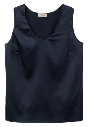 Marinblå satin utan ärm topp med V-ringning och sidofickor. Slät textur och minimalistisk design utan ytterligare dekorationer.