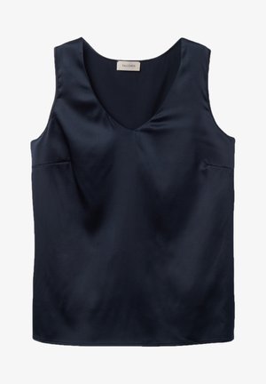 Marinblå satin utan ärm topp med V-ringning och sidofickor. Slät textur och minimalistisk design utan ytterligare dekorationer.