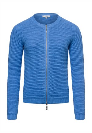 Blauwe gebreide cardigan met een ronde hals en een ritssluiting over de volle lengte, met een gestructureerde stof en geribbelde manchetten en onderkant.