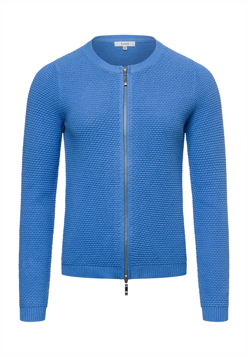 Blauer gestrickter Cardigan mit rundem Halsausschnitt und durchgehendem Reißverschluss, ausgestattet mit strukturierter Webart sowie gerippten Bündchen und Saum.