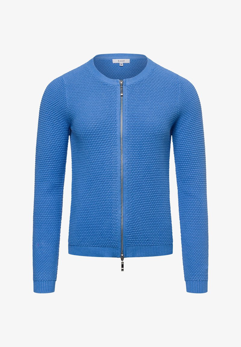 Blauer gestrickter Cardigan mit rundem Halsausschnitt und durchgehendem Reißverschluss, ausgestattet mit strukturierter Webart sowie gerippten Bündchen und Saum.