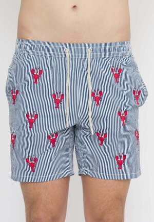 Uomo che indossa pantaloncini a righe blu e bianche con un motivo di piccoli astici rossi e un laccio bianco.