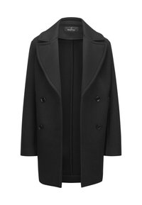 Schwarzer zweireihiger Mantel mit großen Revers, weichem Stoff und zwei vorderen Knöpfen. Verfügt über ein sauberes, offenes Innendesign ohne Verschlüsse.