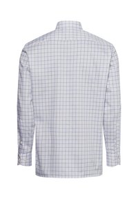 Camicia a maniche lunghe a quadri leggeri blu e bianchi, con polsini abbottonati e colletto classico. Tessuto liscio con una consistenza morbida.
