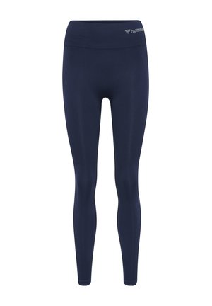 Leggings de sport bleu marine sans couture avec une large ceinture, jambes ajustées, et petit logo colibri près de la taille.