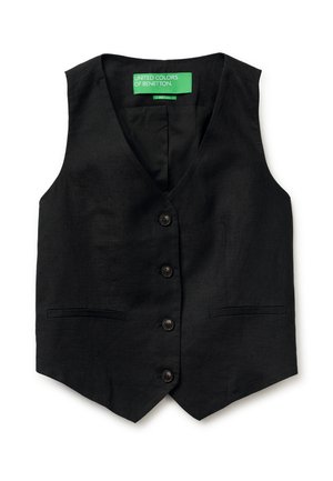 Zwart linnen vest met vier knopen aan de voorkant, twee paspelzakken, V-hals en groen "United Colors of Benetton" label aan de binnenkant van de kraag.