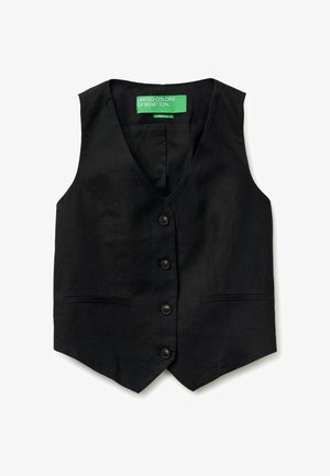 Chaleco negro de lino con cuatro botones delanteros, dos bolsillos de ojal, escote en V y etiqueta verde "United Colors of Benetton" en el interior del cuello.