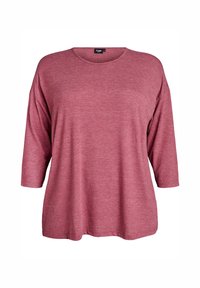 Loose-fit, three-quarter sleeve, dusty rose top with round neckline and smooth fabric texture, displayed on a plain white background.
