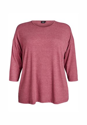 Loose-fit, three-quarter sleeve, dusty rose top with round neckline and smooth fabric texture, displayed on a plain white background.