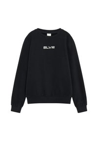 Zwarte sweatshirt van een katoenmix, met een ronde halslijn, lange mouwen en een wit "SLVR" logo aan de voorkant. Zachte textuur.