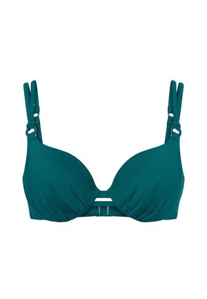 Bikinowy stanik w kolorze teal z usztywnionymi miseczkami, regulowanymi ramiączkami i ozdobnymi detalami. Gładki materiał o matowym wykończeniu.