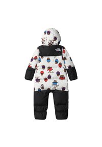 Combineu matlasat alb cu un imprimeu jucăuș de ursuleț și secțiune inferioară neagră. Are glugă și mâneci întregi, conceput pentru căldură.