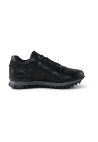 Black leather sneaker with a textured finish, contrasting grey midsole, round toe, and zigzag outsole. Features lace-up closure and side panels.