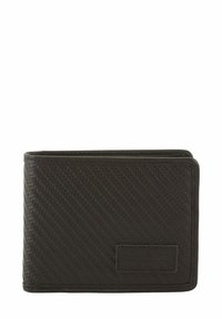 Portefeuille bifold noir en matériau synthétique texturé, présentant une finition lisse sur l'extérieur et un logo en relief sur un côté.